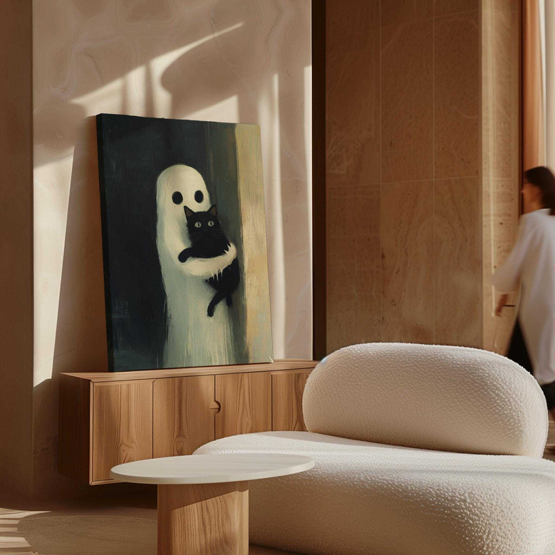 Halloween ghost and black cat poster, rustic canvas-style print with whimsical vibe for living room seasonal wall decor