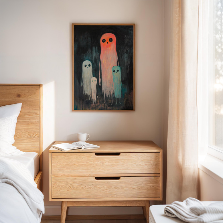 Colorful ghost family canvas print, whimsical Halloween art with cute spirits, charming for kids spaces and goth aesthetic walls.