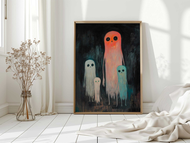 Colorful ghost family portrait canvas, cute spooky spirits, Halloween wall art for playrooms and goth living rooms.
