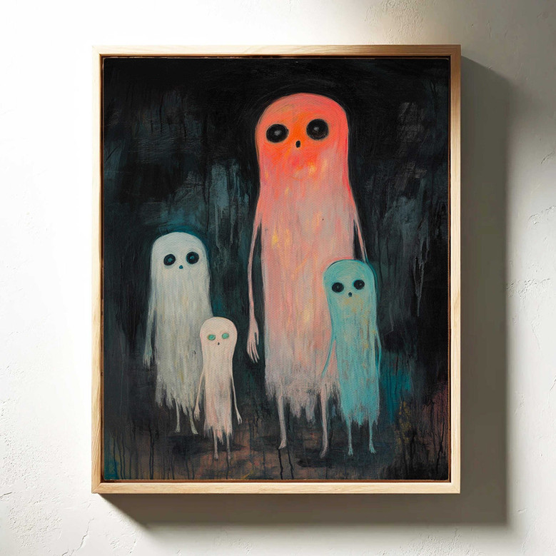 Colorful ghost family canvas art, cute spooky spirits in whimsical style, Halloween gift for kids and accent for goth homes.