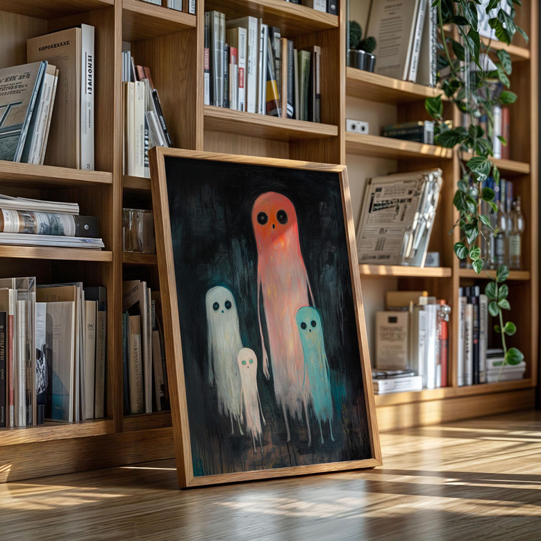 Colorful ghost family landscape canvas, whimsical Halloween wall art with adorable spirits for nursery decor and goth spaces.