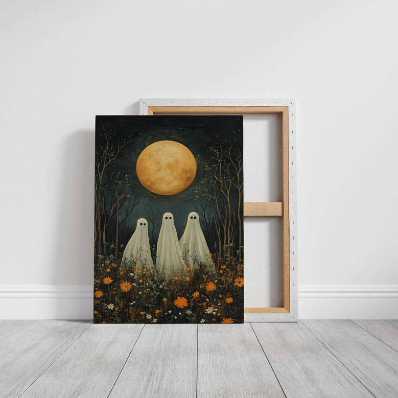 Moon Halloween Canvas Art - Whimsical Ghosts Under Full Moon - Cottagecore Fall Aesthetic For Spooky Wall DéCor