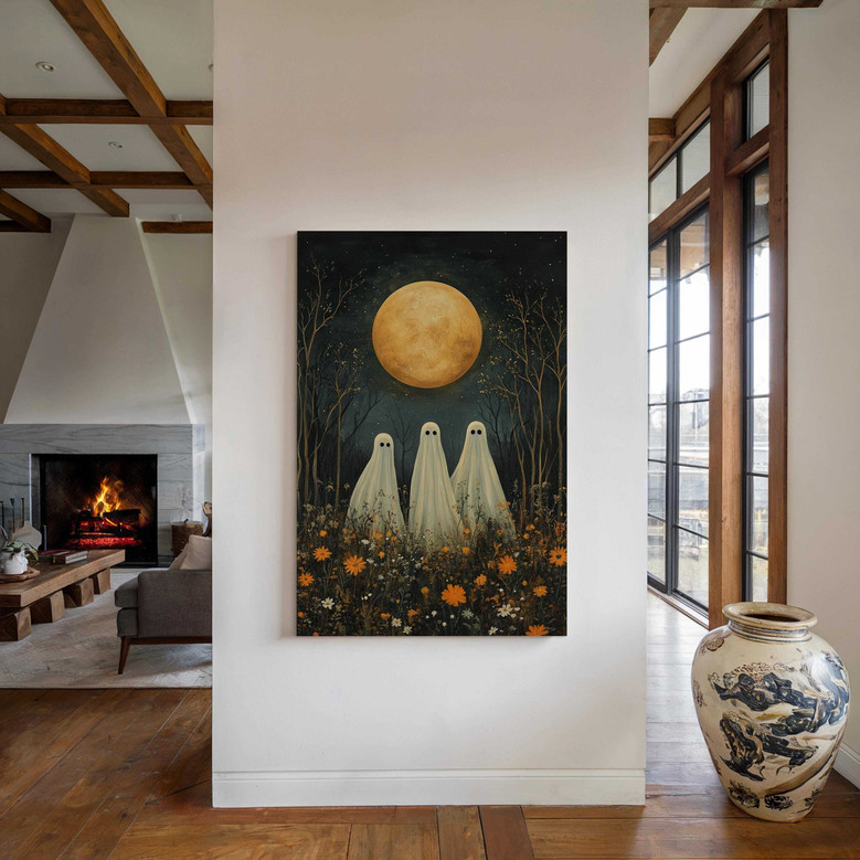 Moon Halloween Canvas Art - Whimsical Ghosts Under Full Moon - Cottagecore Fall Aesthetic For Spooky Wall DéCor
