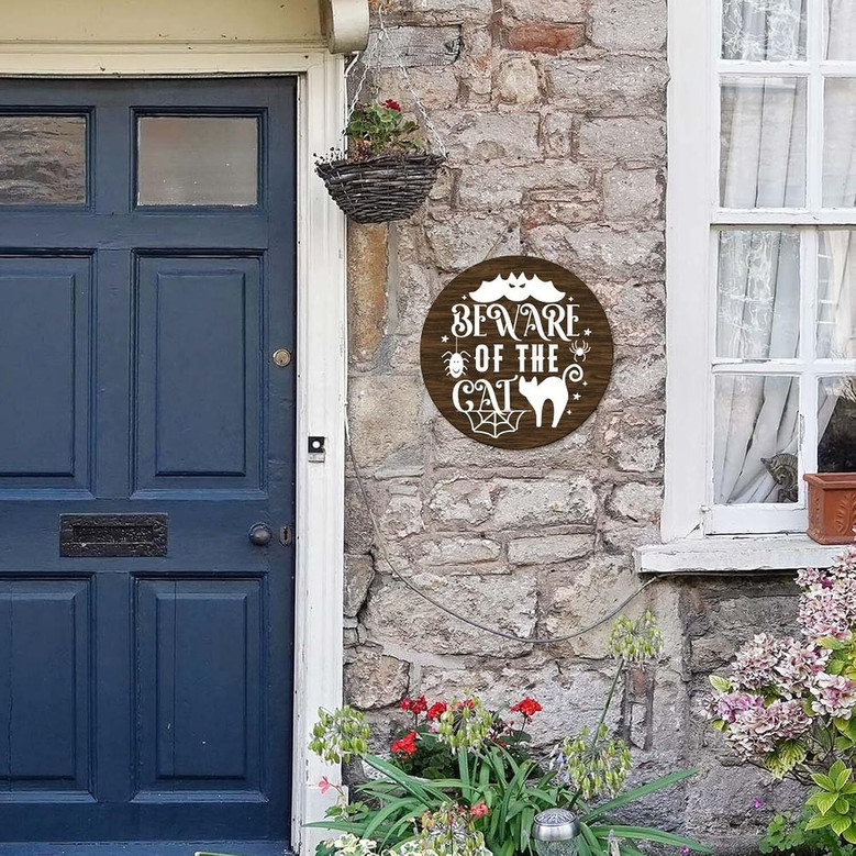 Beware Of The Cat Halloween Wood Hanging Sign For Spooky Home DéCor