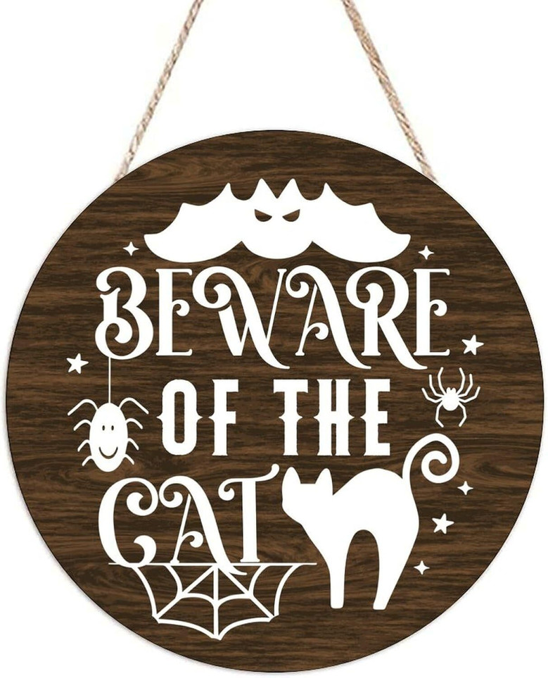 Beware Of The Cat Halloween Wood Hanging Sign For Spooky Home DéCor