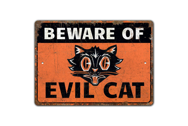 Beware Halloween Evil Cat Metal Sign - Rustic Vintage DéCor For Spooky Decorations