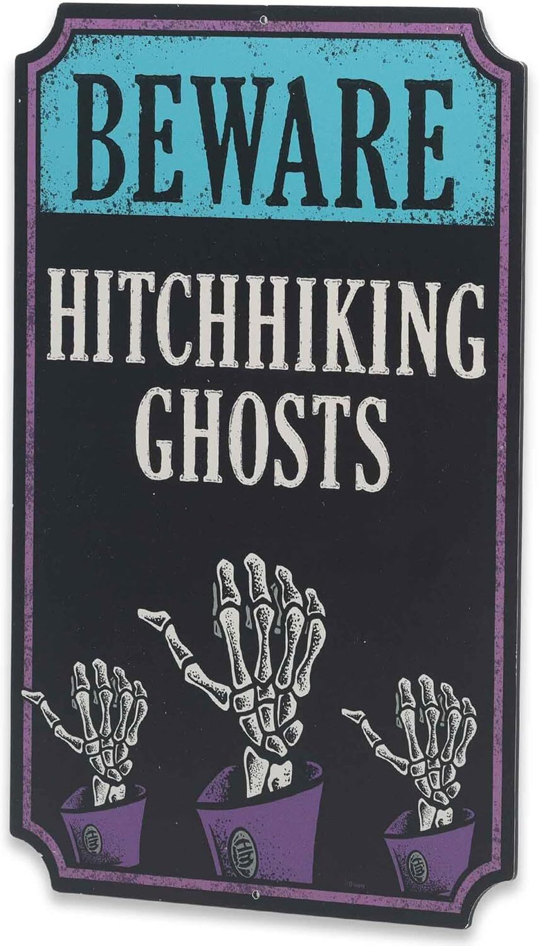 Spooky Haunted Mansion Beware Of Hitchhiking Ghosts Metal Sign For Halloween Wall Decor