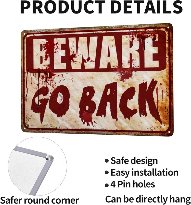 Beware Halloween Metal Sign For Indoor Horror Room Decor - Spooky Theme For Home, Bedroom, Outdoor Parties