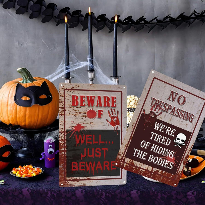 Spooky Beware Halloween Metal Signs For Outdoor Yard - Novelty Decoration For Halloween Party Or Haunted House