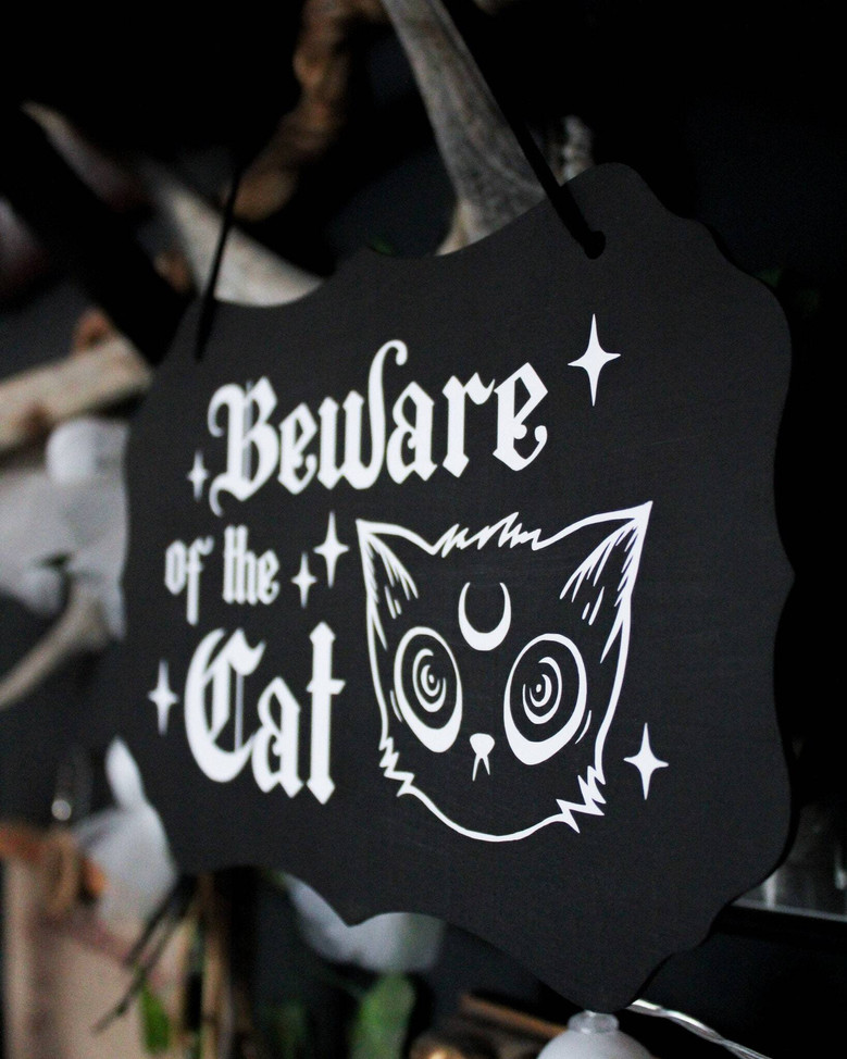Beware Halloween Wood Sign - Cute Gothic Decor For Cat Lovers - Witchy Theme For Indoor Halloween Decoration
