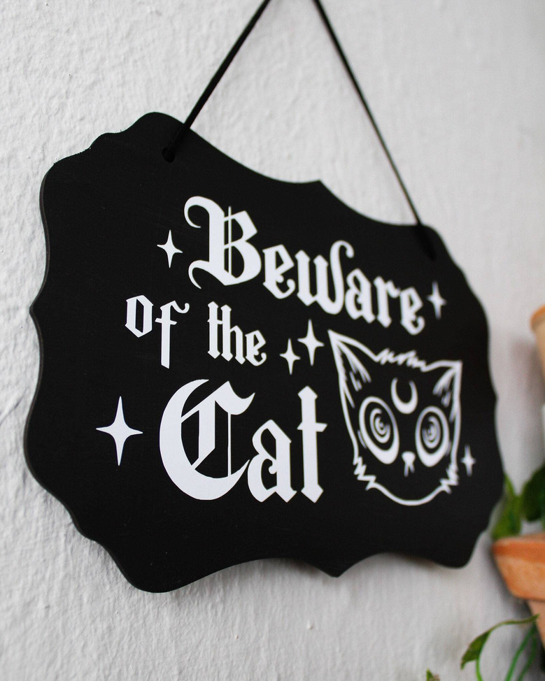 Beware Halloween Wood Sign - Cute Gothic Decor For Cat Lovers - Witchy Theme For Indoor Halloween Decoration