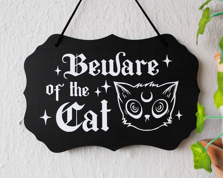 Beware Halloween Wood Sign - Cute Gothic Decor For Cat Lovers - Witchy Theme For Indoor Halloween Decoration