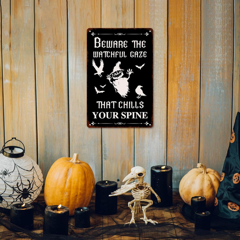 Beware Halloween Vintage Metal Sign With Witch And Ghost - Spooky Autumn Decor For Home And Kitchen