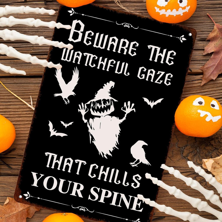 Beware Halloween Vintage Metal Sign With Witch And Ghost - Spooky Autumn Decor For Home And Kitchen