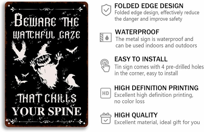 Beware Halloween Vintage Metal Sign With Witch And Ghost - Spooky Autumn Decor For Home And Kitchen