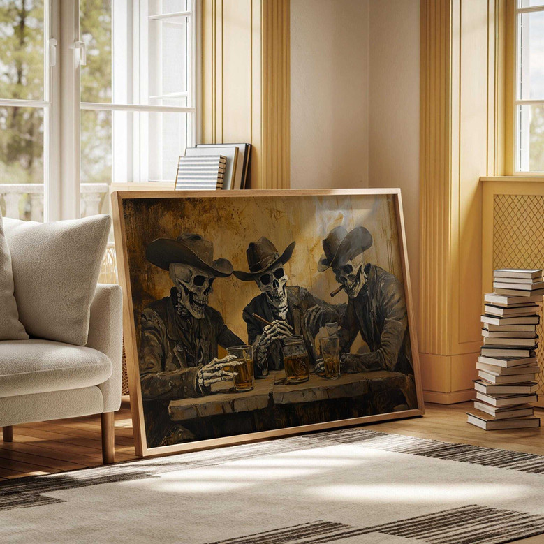 Dark Saloon Skeleton Wall Art - Cowboy Whiskey Canvas For Bar Decor