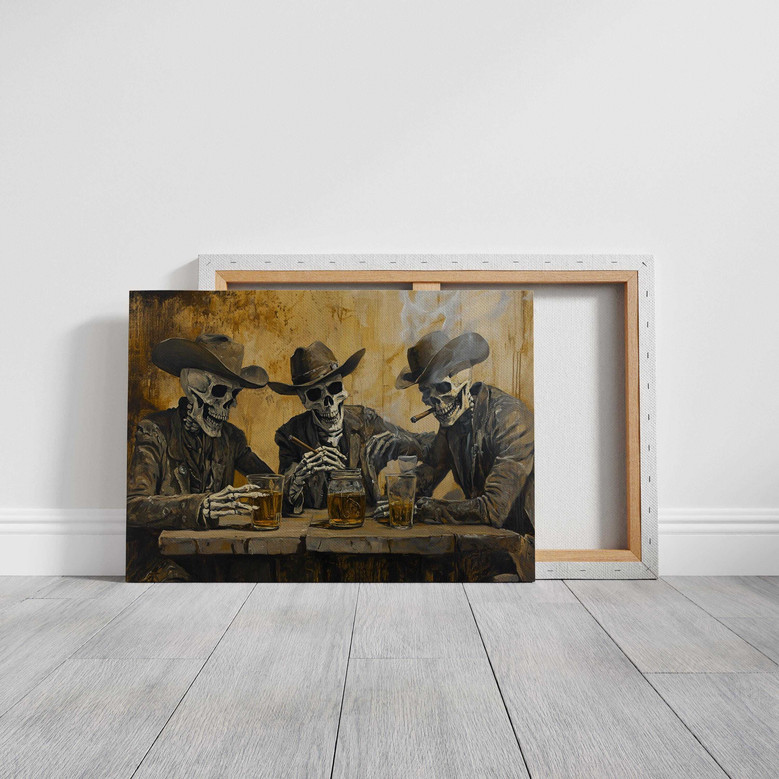 Dark Saloon Skeleton Wall Art - Cowboy Whiskey Canvas For Bar Decor