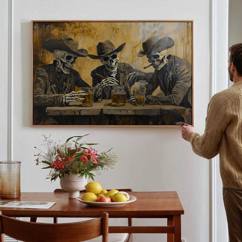 Dark Saloon Skeleton Wall Art - Cowboy Whiskey Canvas For Bar Decor