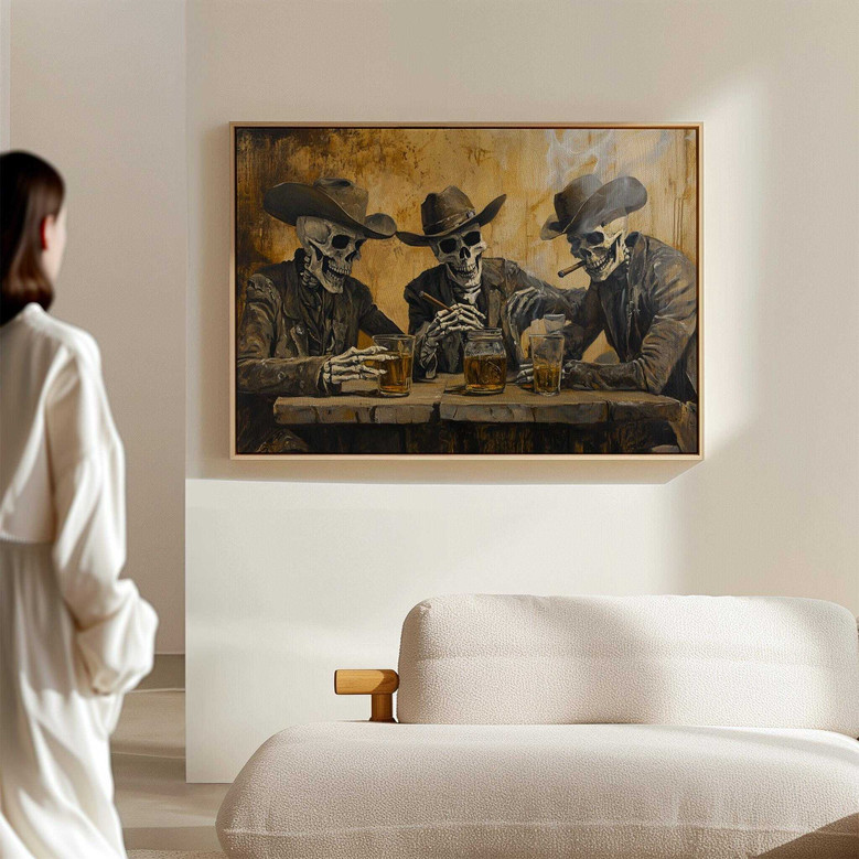 Dark Saloon Skeleton Wall Art - Cowboy Whiskey Canvas For Bar Decor