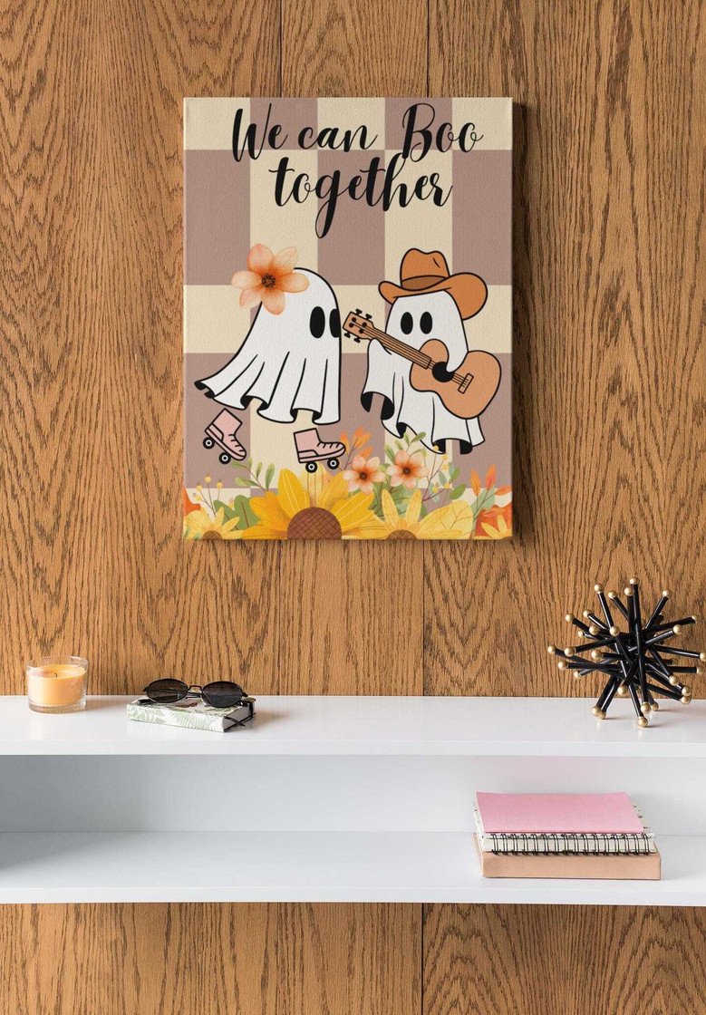Ghost couple canvas print with Forever My Boo lettering, whimsical romantic art, wedding or anniversary gift for Halloween