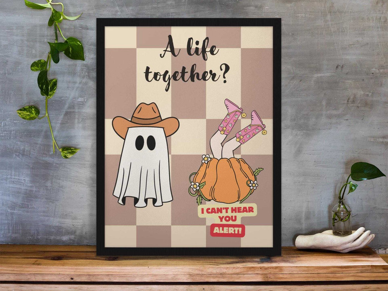Ghost couple canvas wall art with Forever My Boo phrase, cute spooky-season romance, wedding gift keepsake for newlyweds