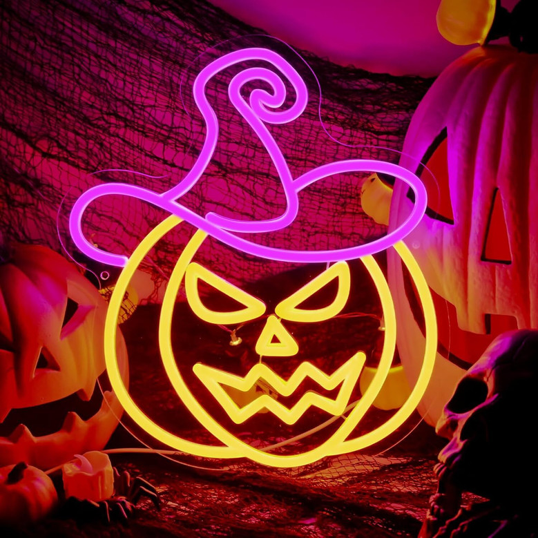 Spooky Orange Purple Neon Pumpkin Sign - Wizard Hat Design For Halloween Party Decorations