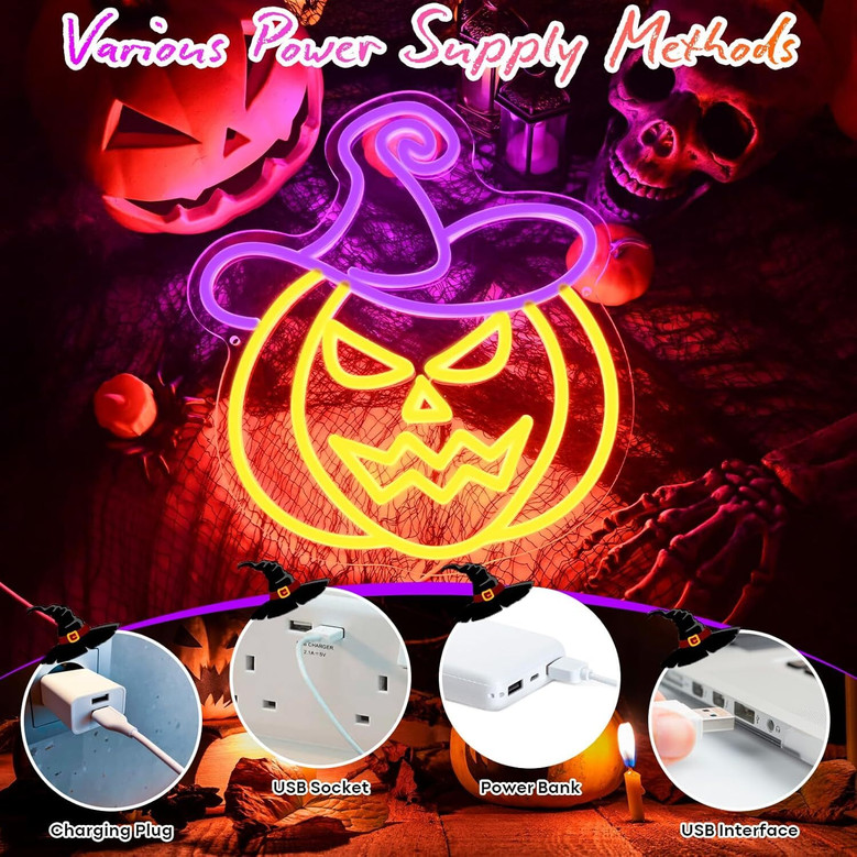Spooky Orange Purple Neon Pumpkin Sign - Wizard Hat Design For Halloween Party Decorations