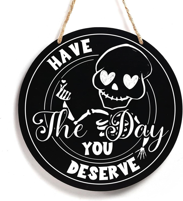 Humorous Skeleton Wood Sign - Gothic Halloween Wall Art For Front Door, Home & Office Decoration