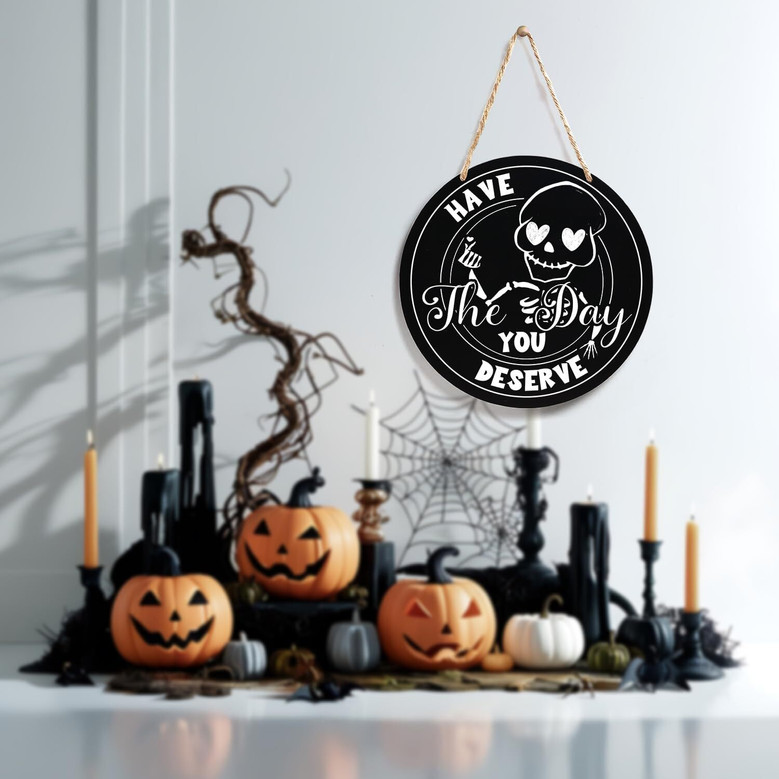 Humorous Skeleton Wood Sign - Gothic Halloween Wall Art For Front Door, Home & Office Decoration