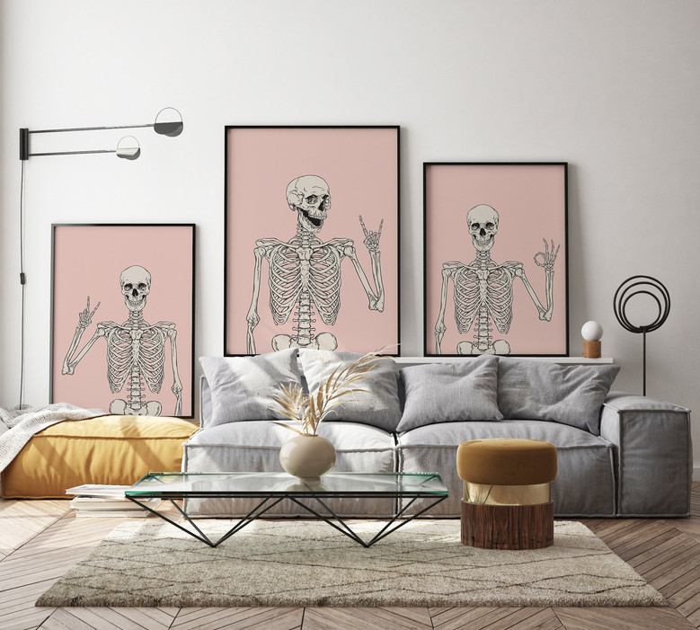 Minimalist Skeleton Wall Art Set - Funny Dusty Pink Canvas For Halloween Party Bedroom Decor