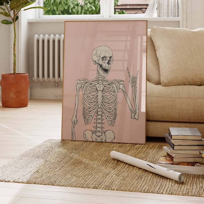 Minimalist Skeleton Wall Art Set - Funny Dusty Pink Canvas For Halloween Party Bedroom Decor