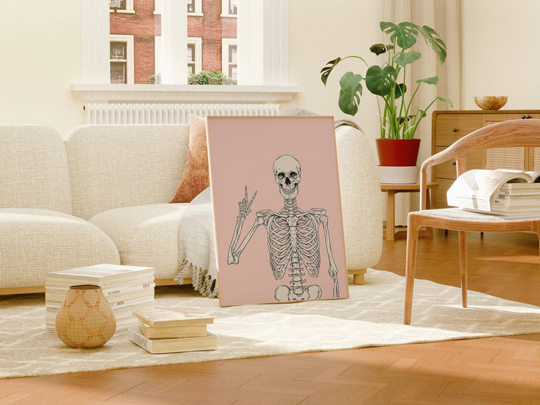 Minimalist Skeleton Wall Art Set - Funny Dusty Pink Canvas For Halloween Party Bedroom Decor