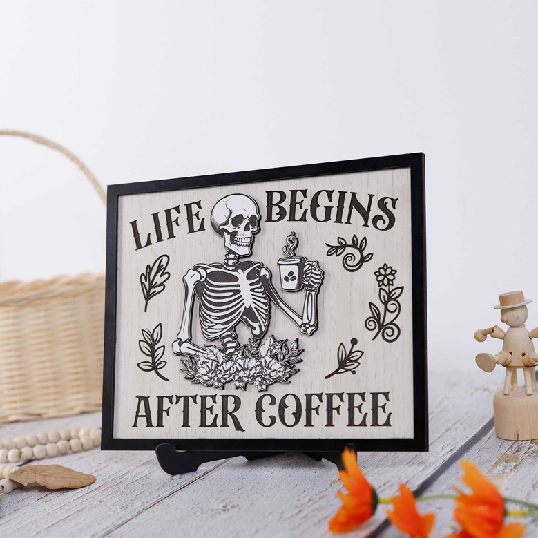 Custom Skeleton Coffee Wood Sign For Halloween - Funny Kitchen Decor For Coffee Lovers
