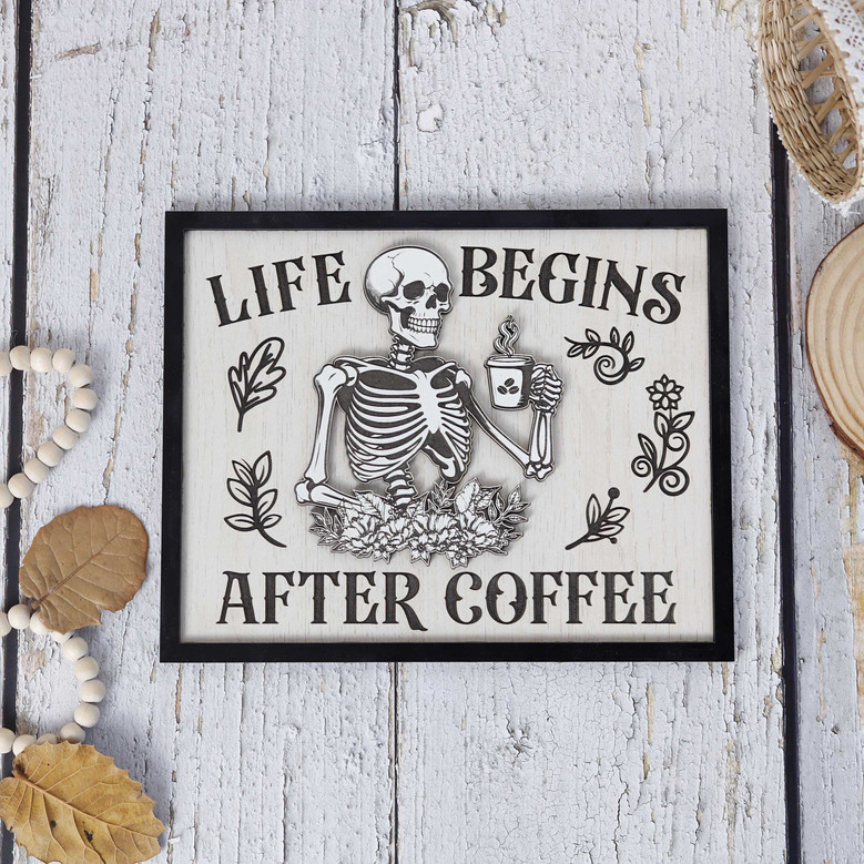 Custom Skeleton Coffee Wood Sign For Halloween - Funny Kitchen Decor For Coffee Lovers