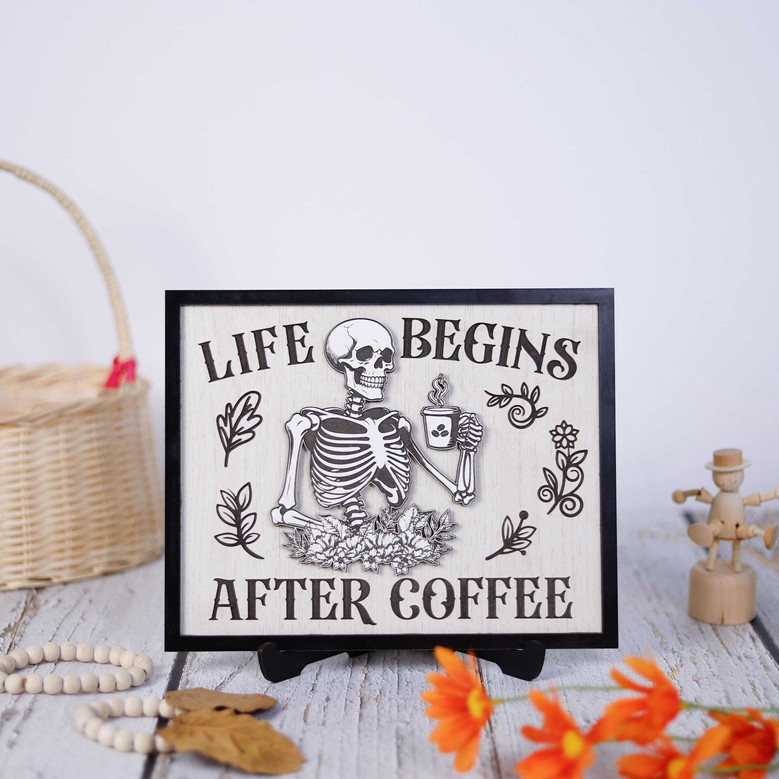 Custom Skeleton Coffee Wood Sign For Halloween - Funny Kitchen Decor For Coffee Lovers