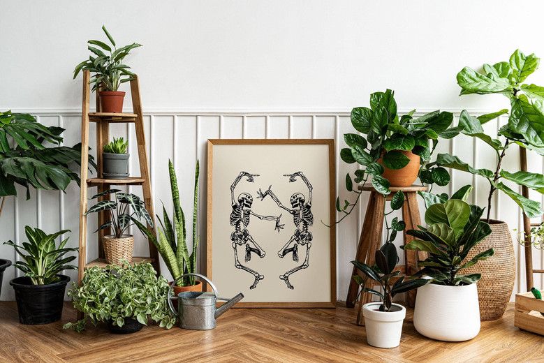 Trendy Skeleton Wall Art Canvas - Minimalist Boho Halloween Decor For Living Room