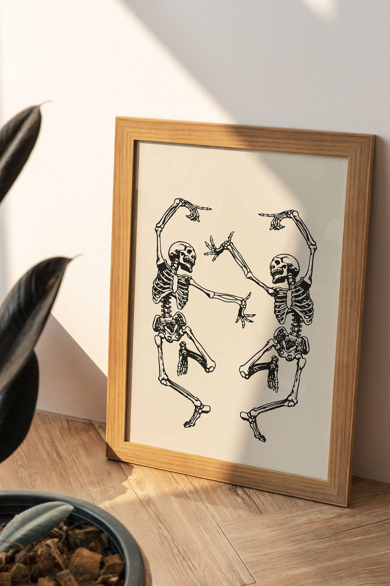 Trendy Skeleton Wall Art Canvas - Minimalist Boho Halloween Decor For Living Room