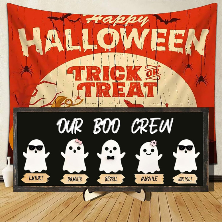 Personalized Ghost Family Sign For Halloween - Custom Names & Pets Rustic Farmhouse Wood Plaque