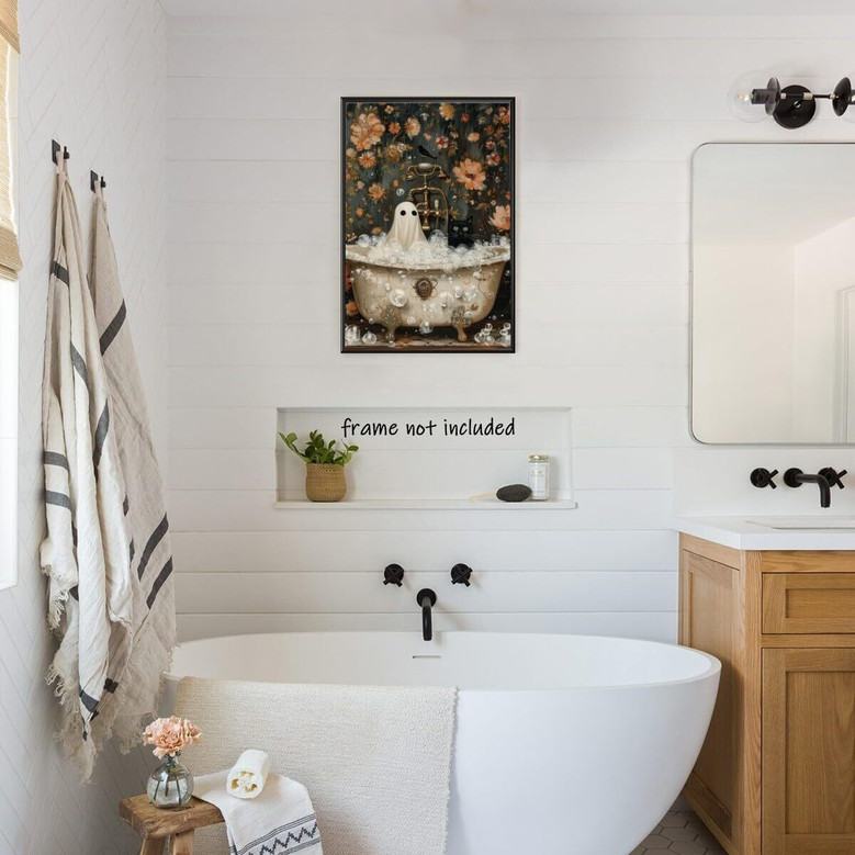 Vintage Ghost Halloween Canvas Poster For Spooky Apartment Aesthetic - Black Cat And Ghost Bathtub Art For Dorm Living Room