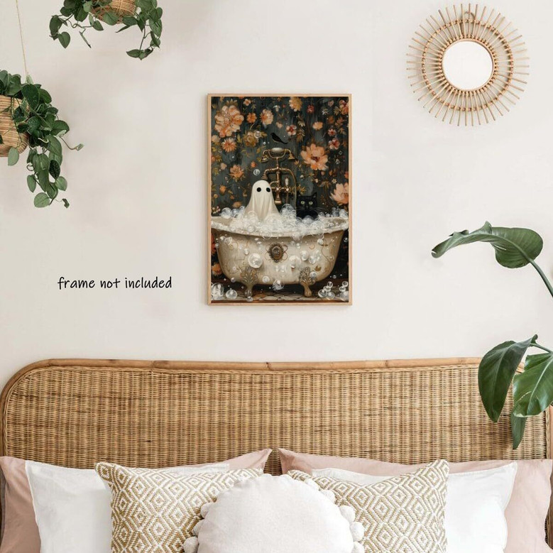 Vintage Ghost Halloween Canvas Poster For Spooky Apartment Aesthetic - Black Cat And Ghost Bathtub Art For Dorm Living Room
