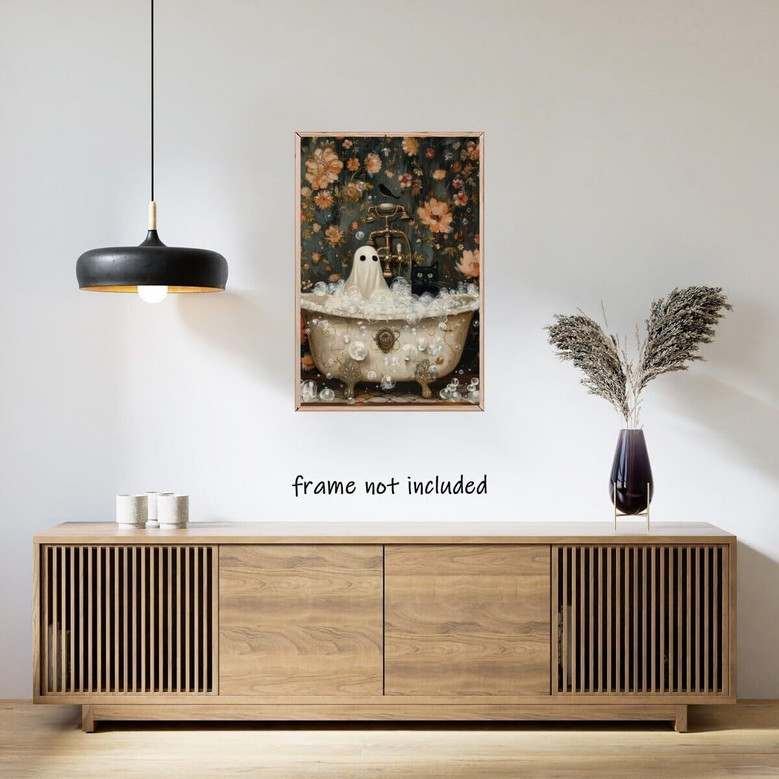 Vintage Ghost Halloween Canvas Poster For Spooky Apartment Aesthetic - Black Cat And Ghost Bathtub Art For Dorm Living Room