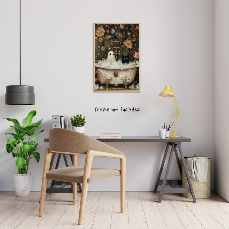 Vintage Ghost Halloween Canvas Poster For Spooky Apartment Aesthetic - Black Cat And Ghost Bathtub Art For Dorm Living Room