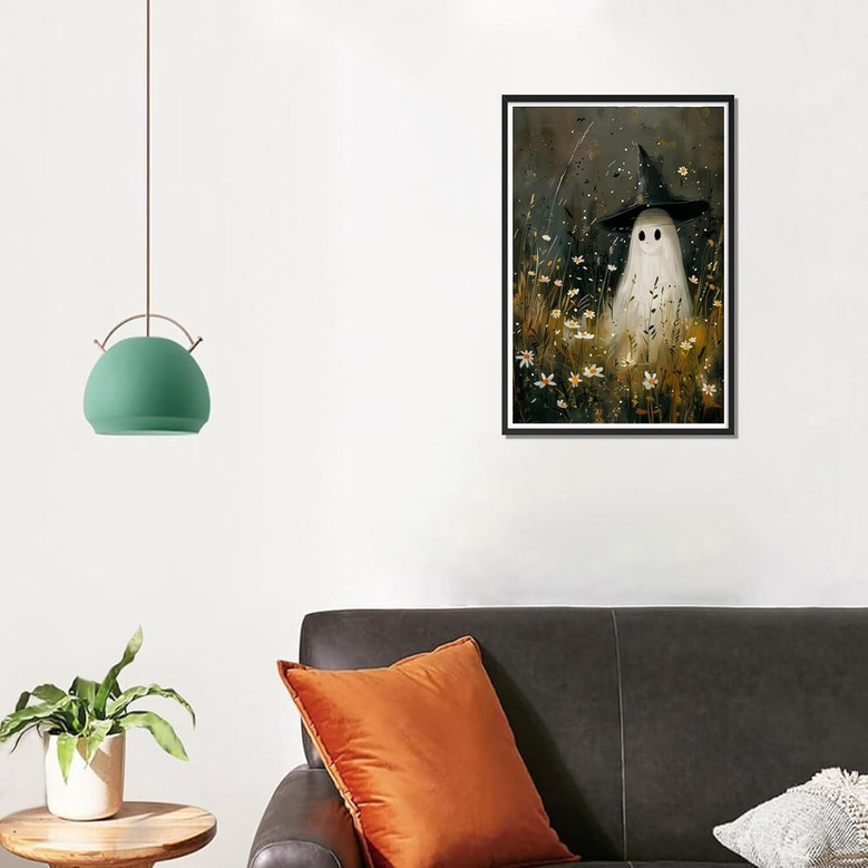 Ghost Halloween Canvas Decor - Cute Vintage Ghost With Witch Hat Poster, Spooky Wildflower Field Art For Gothic Dark Academia Wall