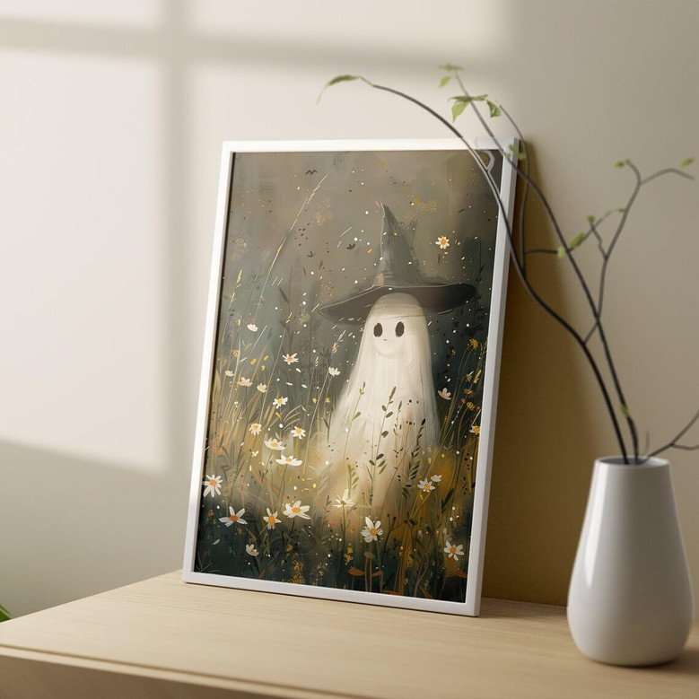 Ghost Halloween Canvas Decor - Cute Vintage Ghost With Witch Hat Poster, Spooky Wildflower Field Art For Gothic Dark Academia Wall
