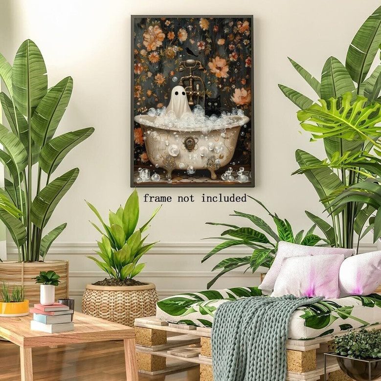 Spooky Ghost & Black Cat Canvas For Dark Academia Bathroom - Gothic Halloween Aesthetic