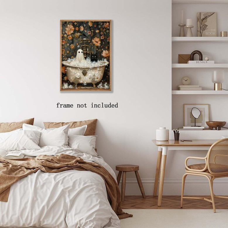 Spooky Ghost & Black Cat Canvas For Dark Academia Bathroom - Gothic Halloween Aesthetic