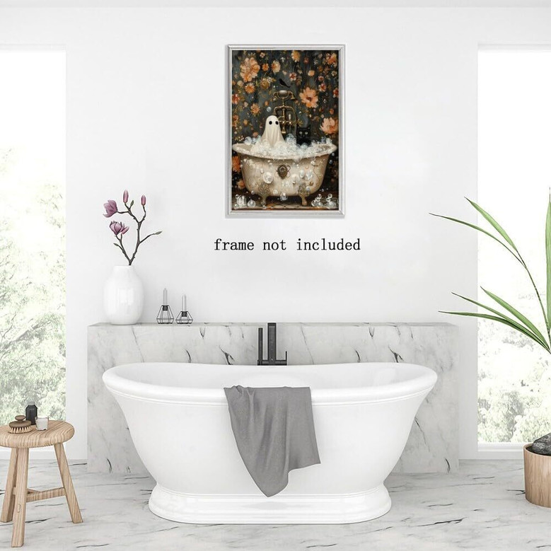 Spooky Ghost & Black Cat Canvas For Dark Academia Bathroom - Gothic Halloween Aesthetic