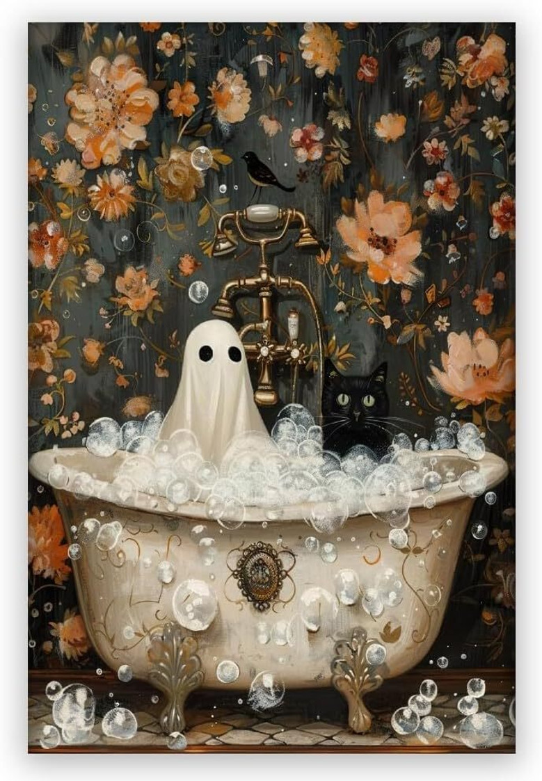 Spooky Ghost & Black Cat Canvas For Dark Academia Bathroom - Gothic Halloween Aesthetic