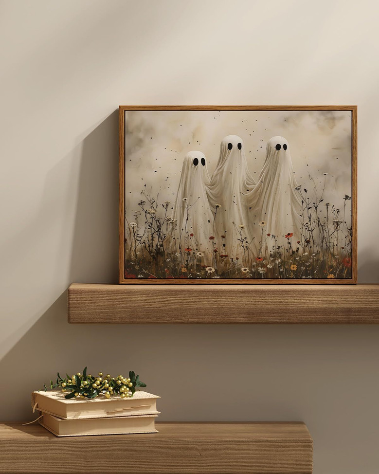 Spooky Ghost Halloween Canvas In Wildflower Meadow - Vintage Fall Wall Art For Living Room And Bedroom Decor
