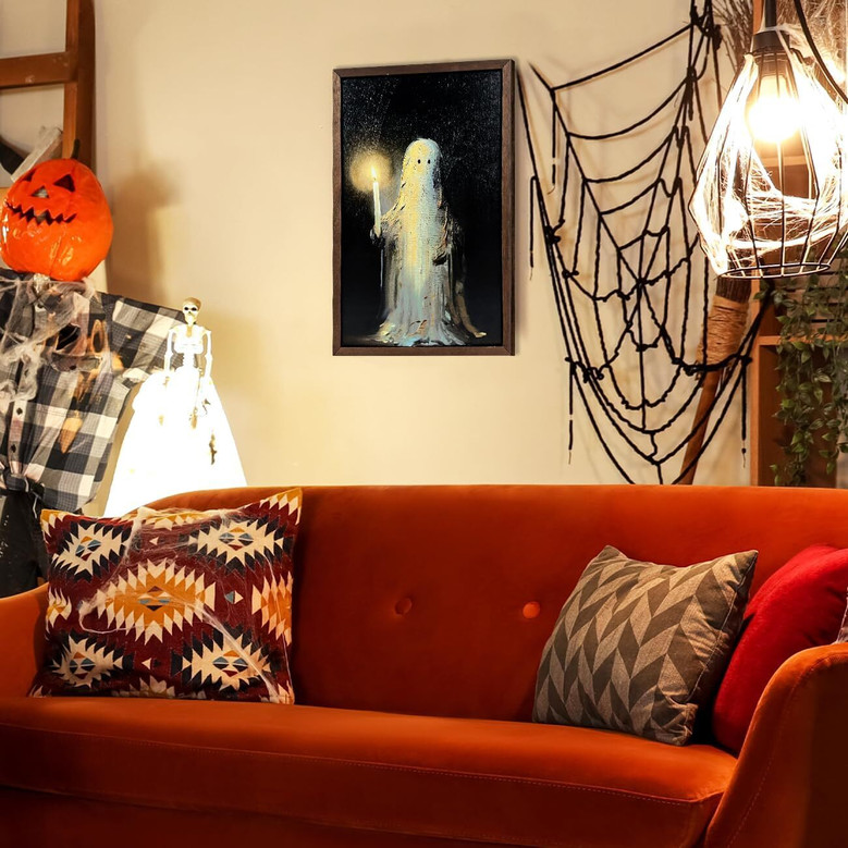 Vintage Ghost Halloween Canvas Wall Art - Wooden Framed Aesthetic DéCor For Bedroom